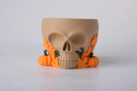 Autumn Skull Bowl with Pumpkins — 3D printed seasonal vase