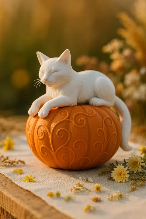 Cat Lying On Pumpkin — 3D printed cat figurine