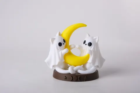 Charming Ghost Cats with Crescent Moon Figurine — 3D printed gothic figurine