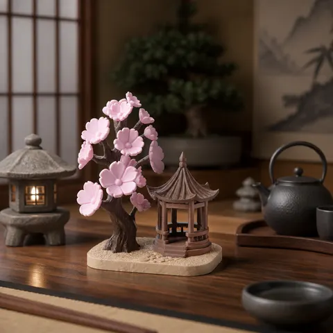 Chinese Style Diorama with Cherry Blossom Tree and Pagoda — 3D printed decor piece