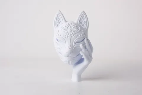Elegant Cat Mask Sculpture with Artistic Hand Detail — 3D printed wall decor piece