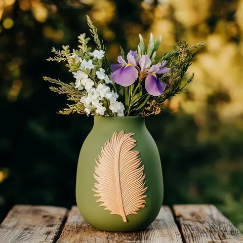 Green Vase With Carved Leaf — 3D printed botanical vase