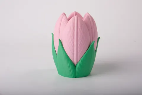 Stylish Pink Tulip Vase with Leafy Base — 3D printed botanical vase