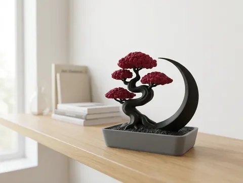 Stylized Potted Bonsai Tree with Crescent Moon — 3D printed botanical sculpture