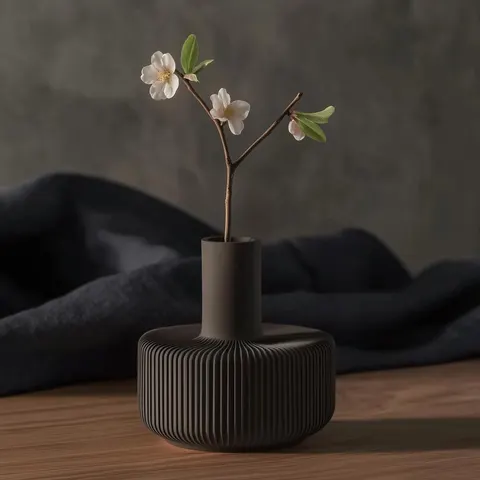 Vase Round With Ribs Black 5 — 3D printed geometric vase