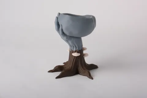 Whimsical Hand Tree Planter with Mushrooms — 3D printed face sculpture