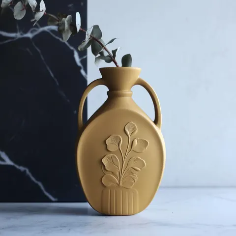 Yellow Vase With A Pattern Of Flowers With Handles — 3D printed botanical vase
